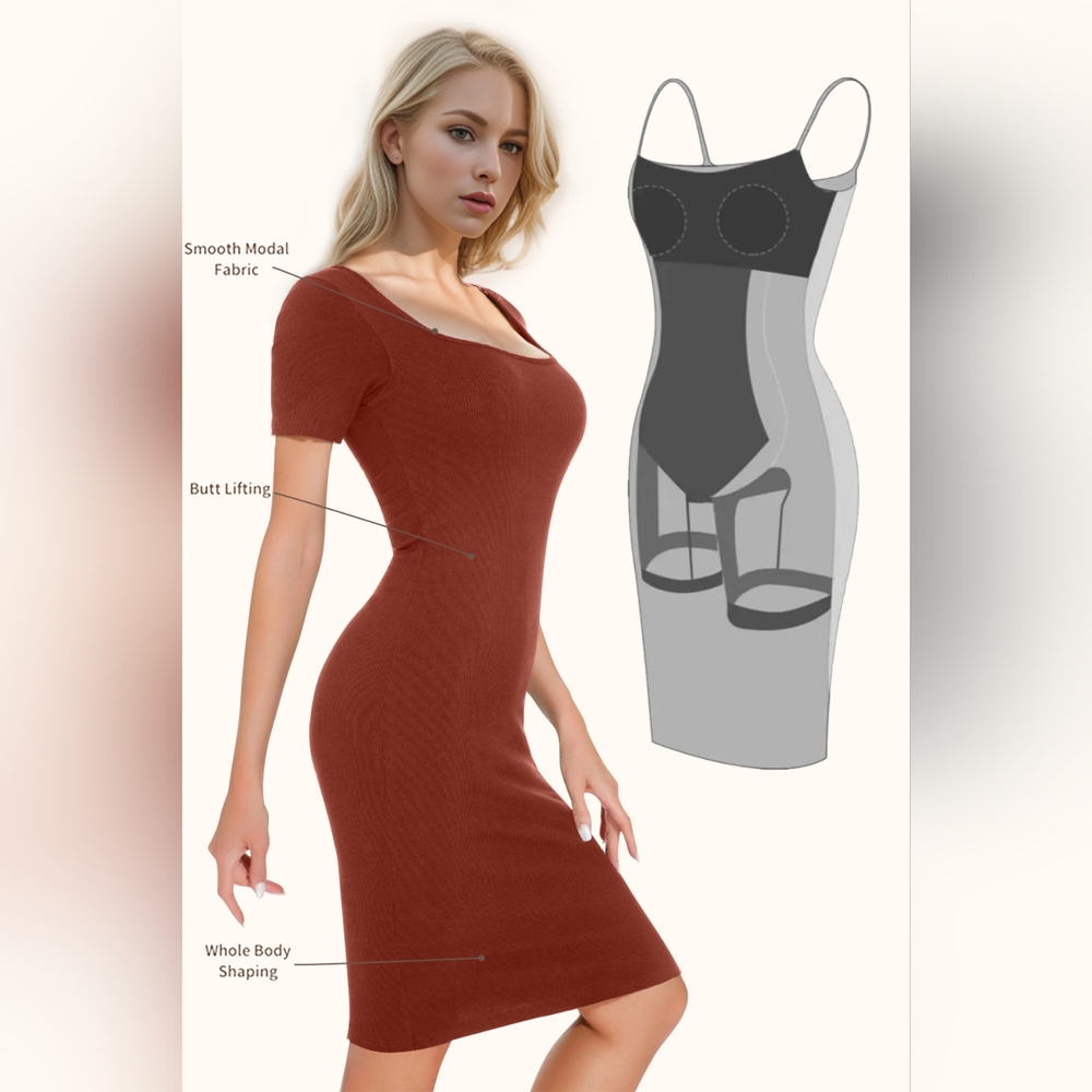 Basic Bae Full Size Built-In Shapewear Square Neck Short Sleeve Dress